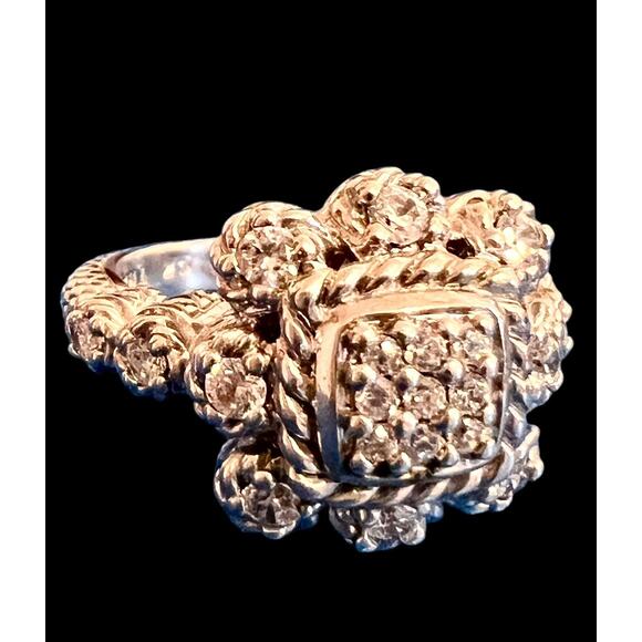 Vintage JUDITH RIPKA Sterling Silver Gold Vermeil Diamonique  QVC JUDITH RIPKA Silver 925 Ring Size- 7 Flower Square Diamonique pavé 9 Grams